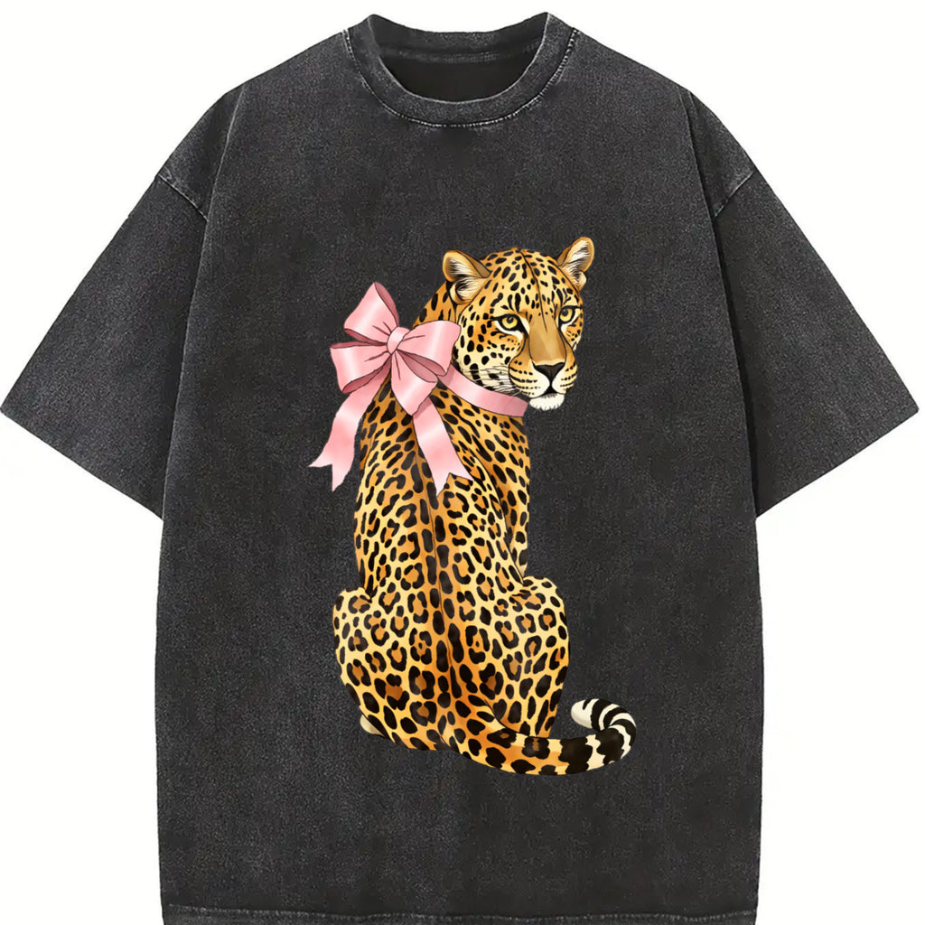 Pink leopard print top with bow, retro animal print tee