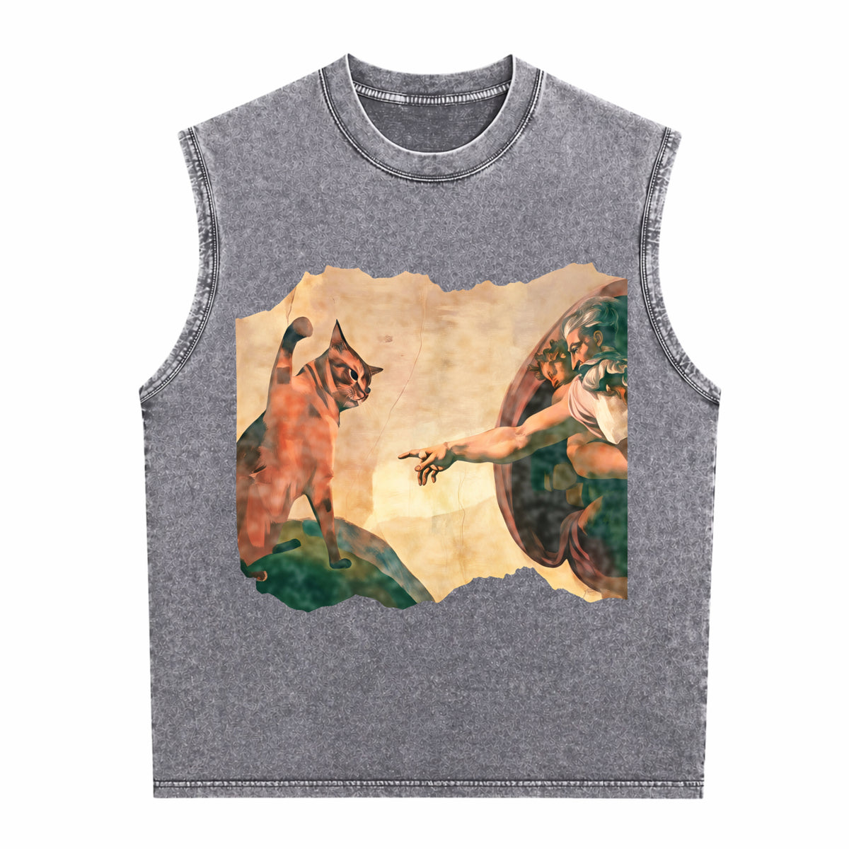 Funny Cat Swatting God's Hand Parody Cat The Divine Men's Washed Tank Top - product view