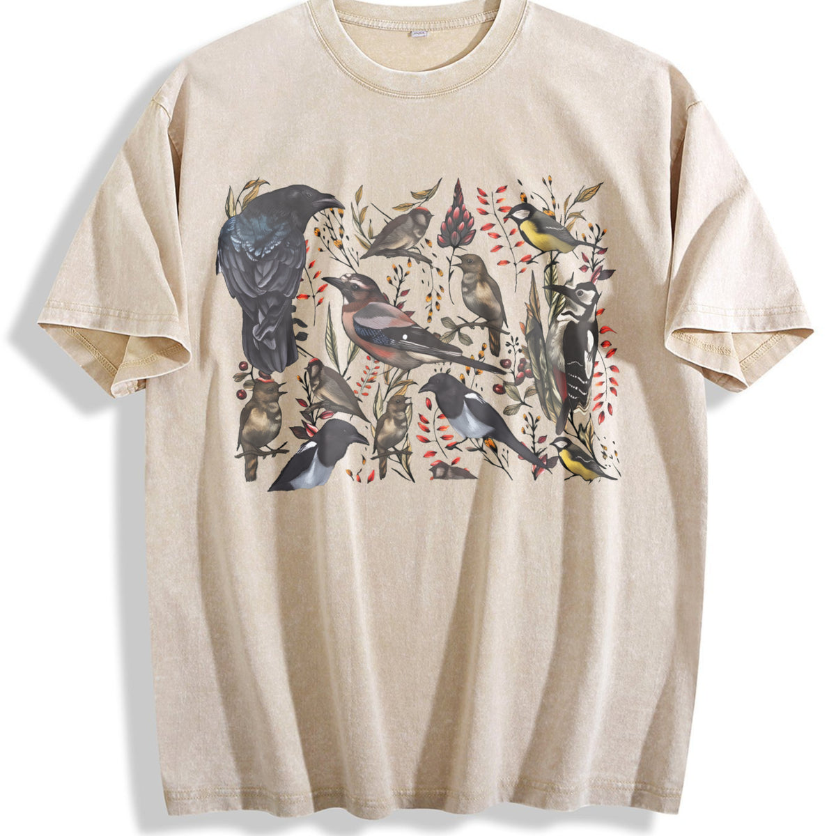 Boho Bird Vintage Washed T-Shirt - Beige