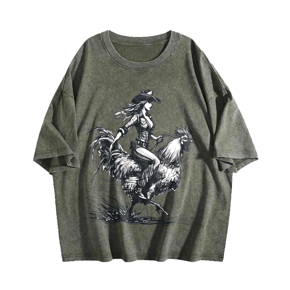 Cowgirl Riding Chicken 90s Vintage Washed T-Shirt - product view