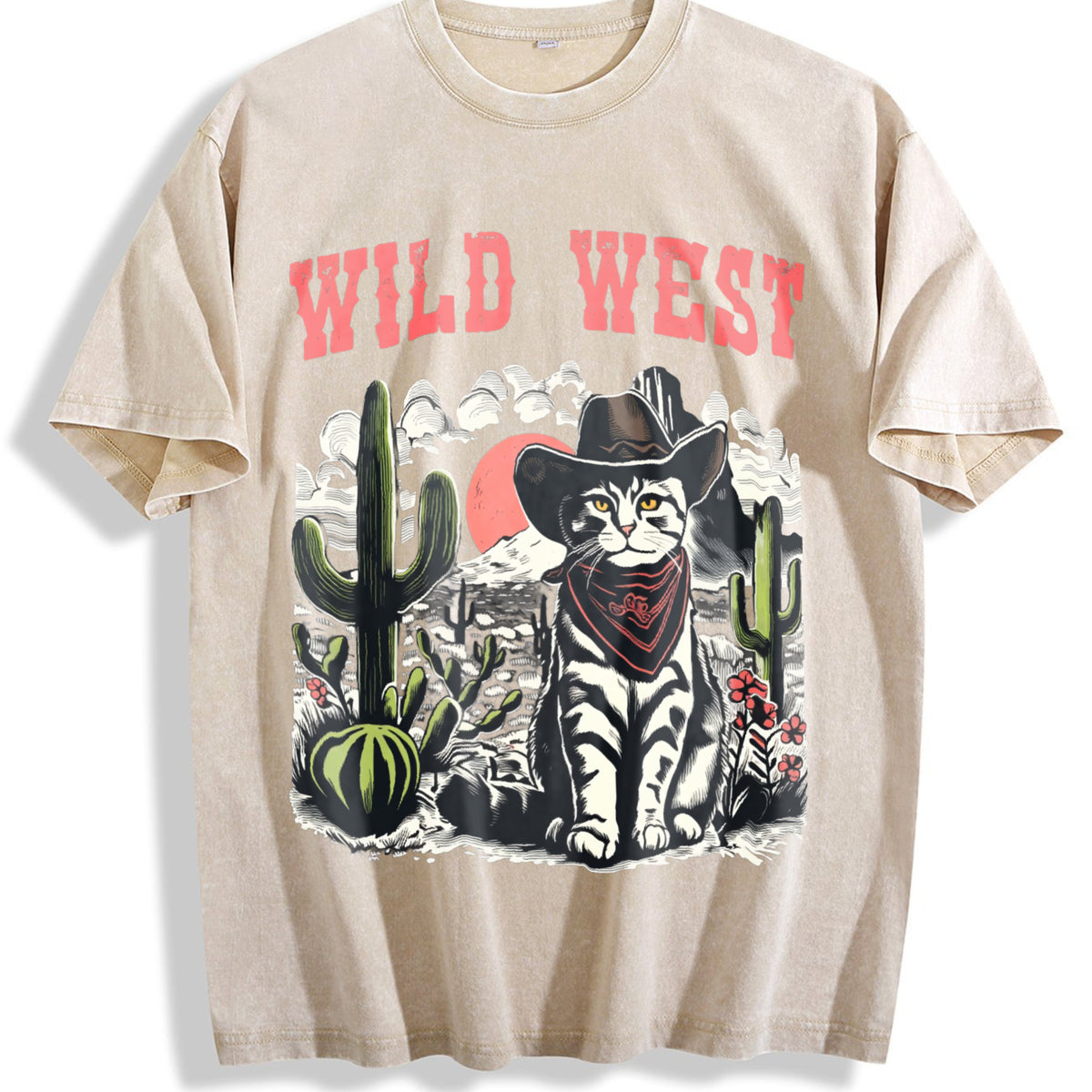 Wild West Cowboy Cat Vintage Washed T-Shirt - Beige