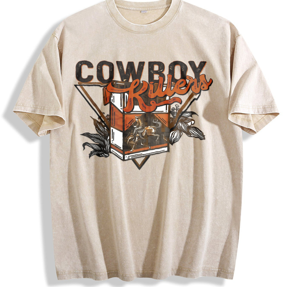 Front Back Western Cowboy Vintage Washed T-Shirt - Beige