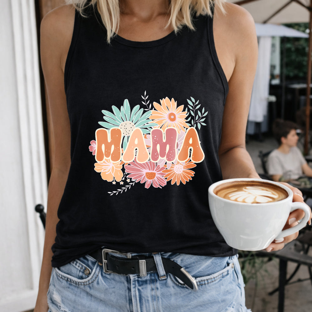 Mother's Day - Vibrant Red Mama Letter & Floral Women's Tank Top - Black