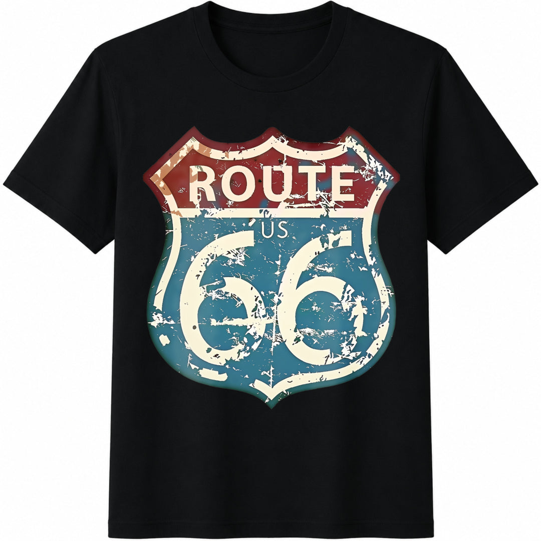 Route US 66 Highway Sign Summer Cotton T-Shirt - Black