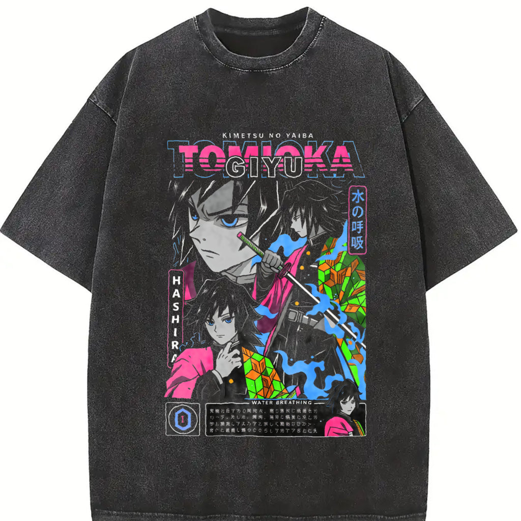 valentine shirts Demon Slayer Anime Tomioka Giyuu Peripheral Washed T-shirt Summer Men's and Women's Y2K Loose Casual Harajuku Short Sleeved Top
