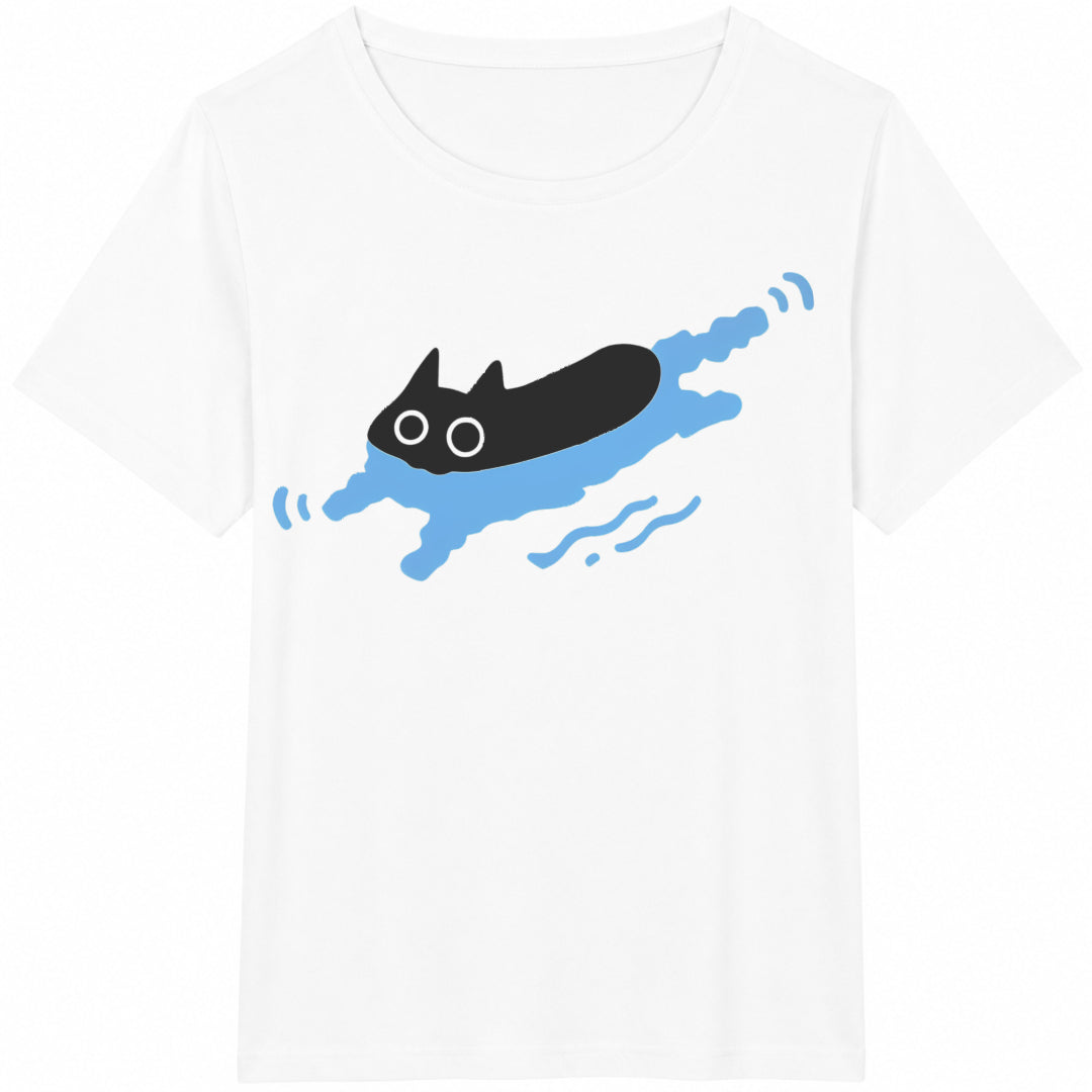 Cute Black Cat Swimming Summer -- Cotton T-Shirt - product view