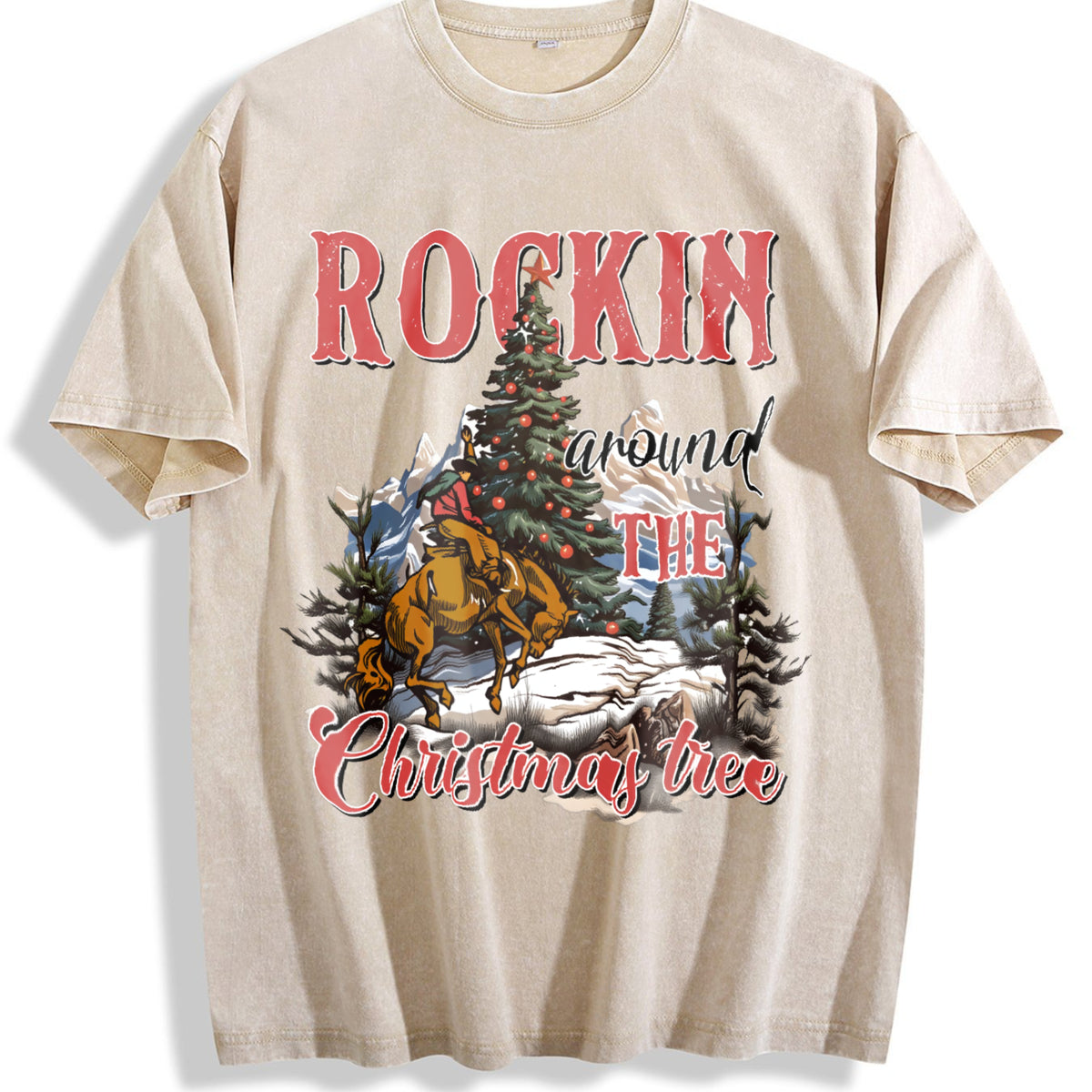 Rocking Around The Christmas Tree Cute Teenager Vintage Washed T-Shirt - Beige