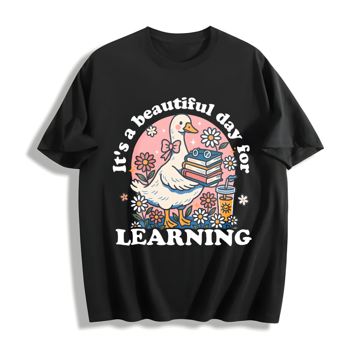 It's A Beautiful Day For Learning - Cute Goose Teacher - Back Cotton T-Shirt - Black