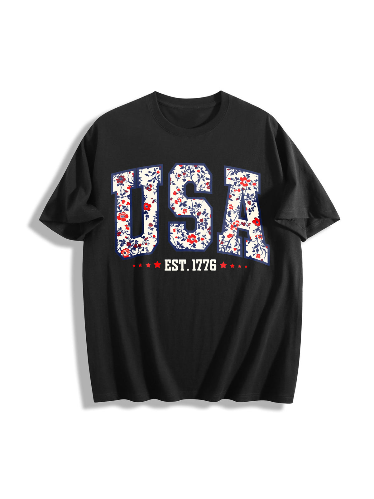 Floral USA Cotton T-Shirt - Black