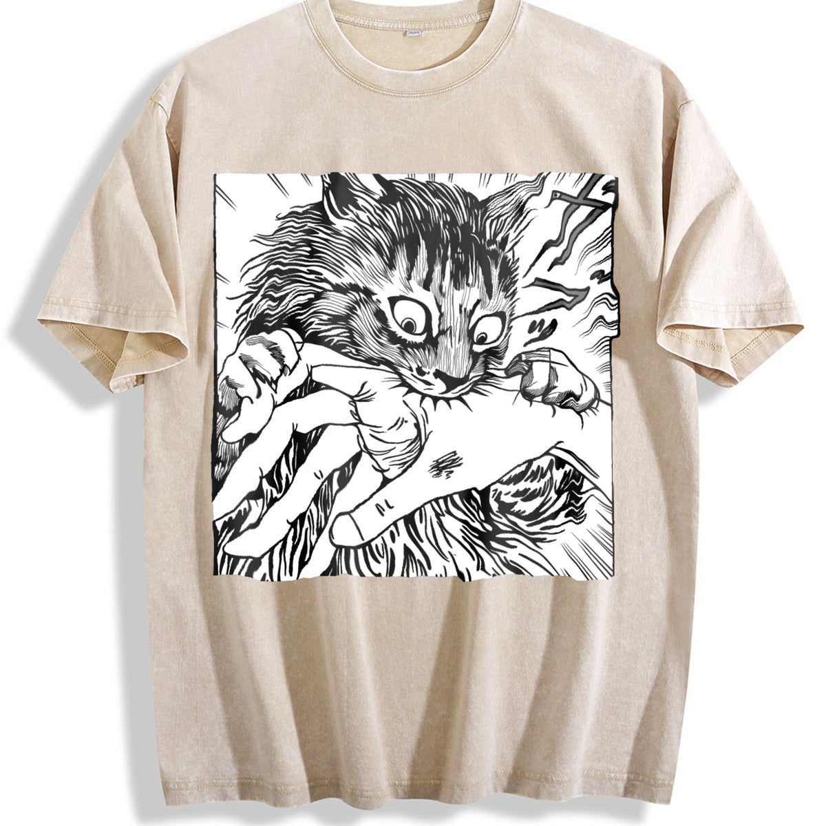 Cat Bite Vintage Washed T-Shirt - Beige