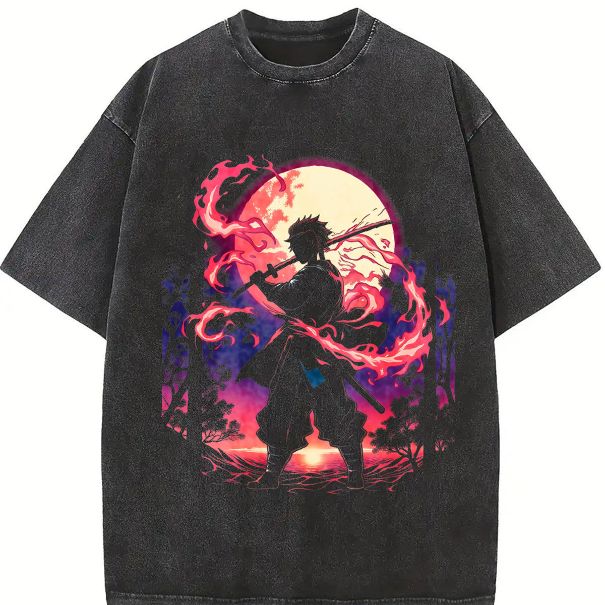 Men's Demon Slayer Kimetsu No Yaiba Graphic T-Shirt, Tanjiro Kamado Fire-Sun-Water Breathing v6 Design, Washed Fabric, 2-Sided Printing, Anime Manga-Inspired Menswear Top