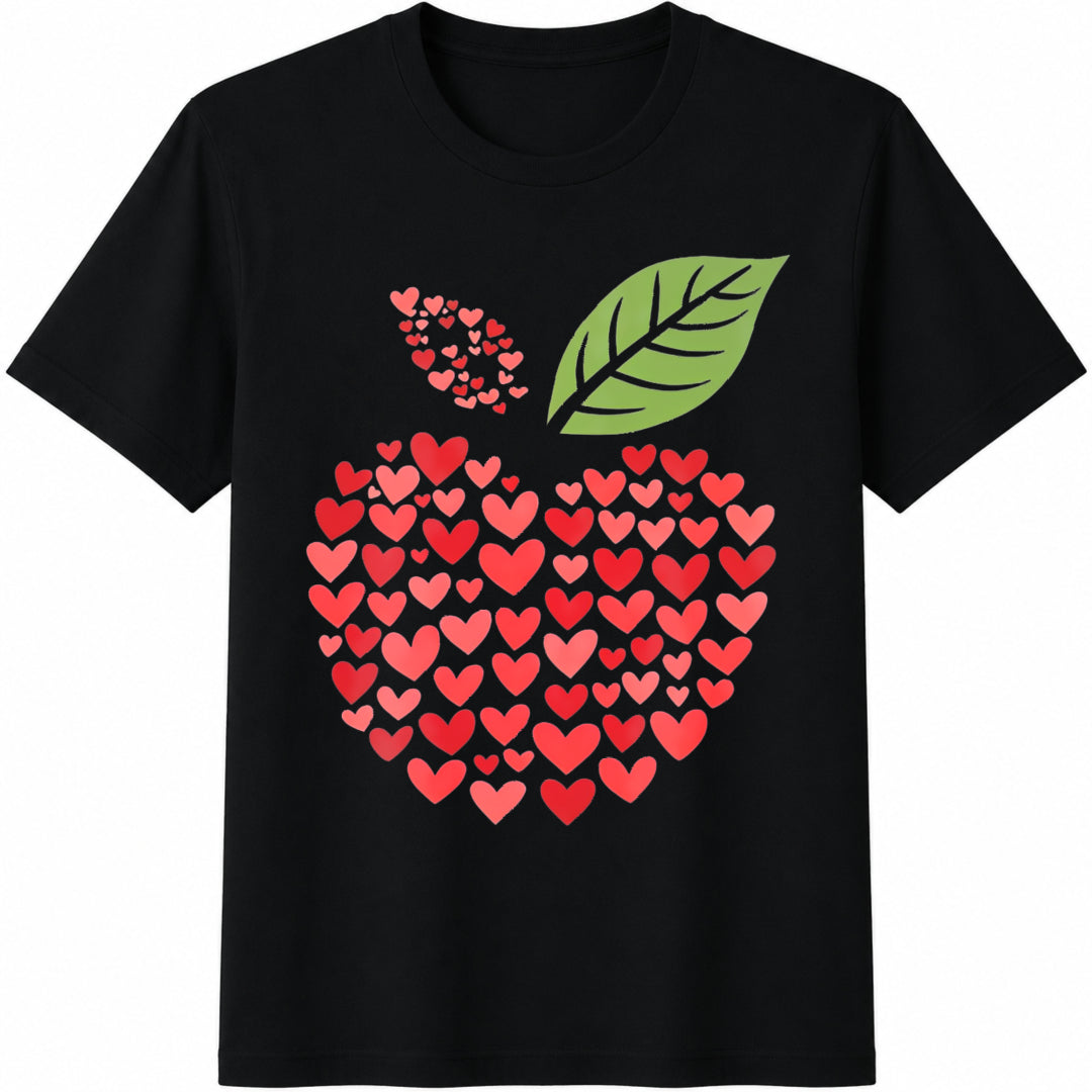 White With Red Heart & Green Leaf Apple Cotton T-Shirt - Black