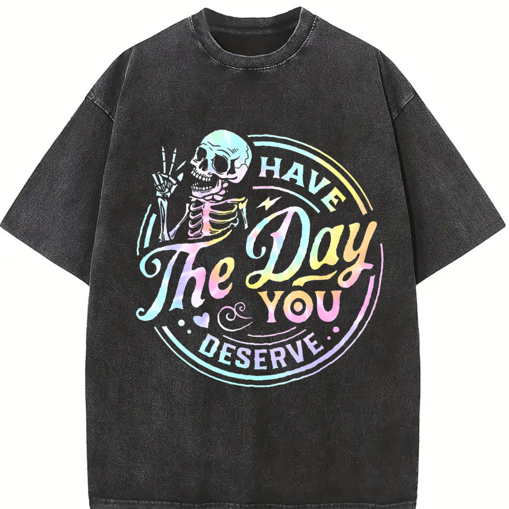 Women's Skeleton & Letter Print Round Neck Tee, Fashion Casual Short Sleeve T-shirt, Ladies Summer Clothes for Daily Wear