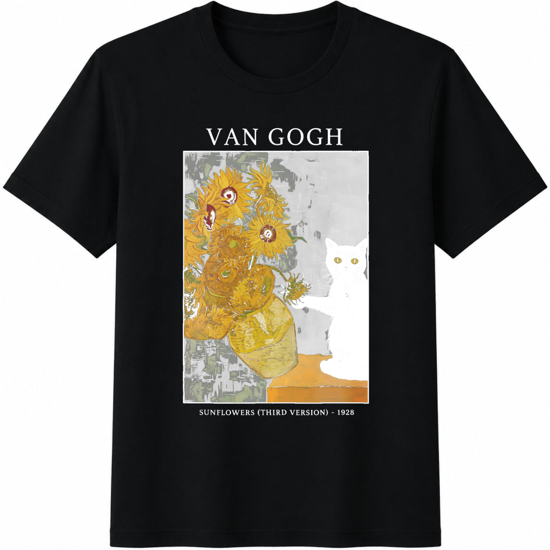Cat Funny Cat Van Gogh Cat Meme Black Cat Art Artist Kitty Cotton T-Shirt - Black