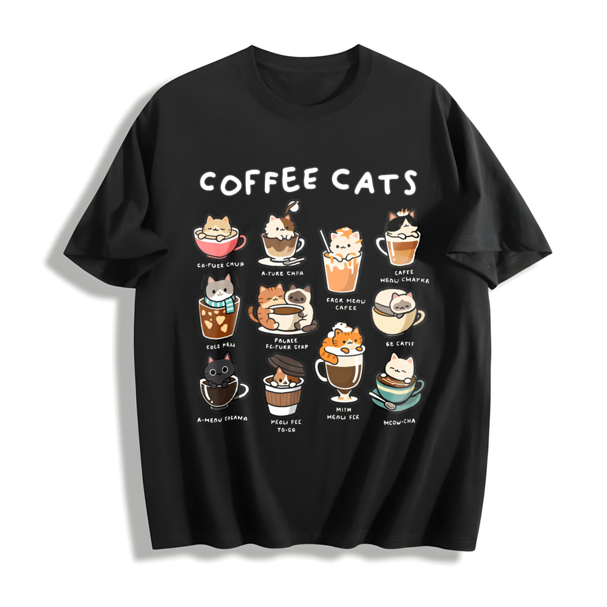Coffee Cats Cat Drink Cotton T-Shirt - Black