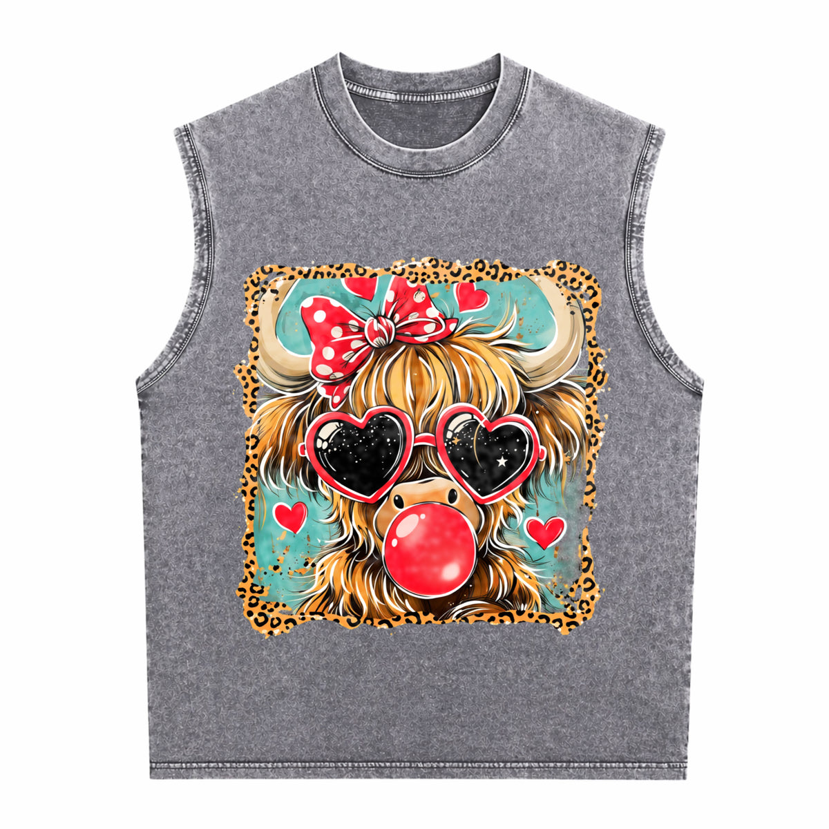 Highland Cow Valentine Coquette Valentine Heart Leopard Men's Washed Tank Top - product view