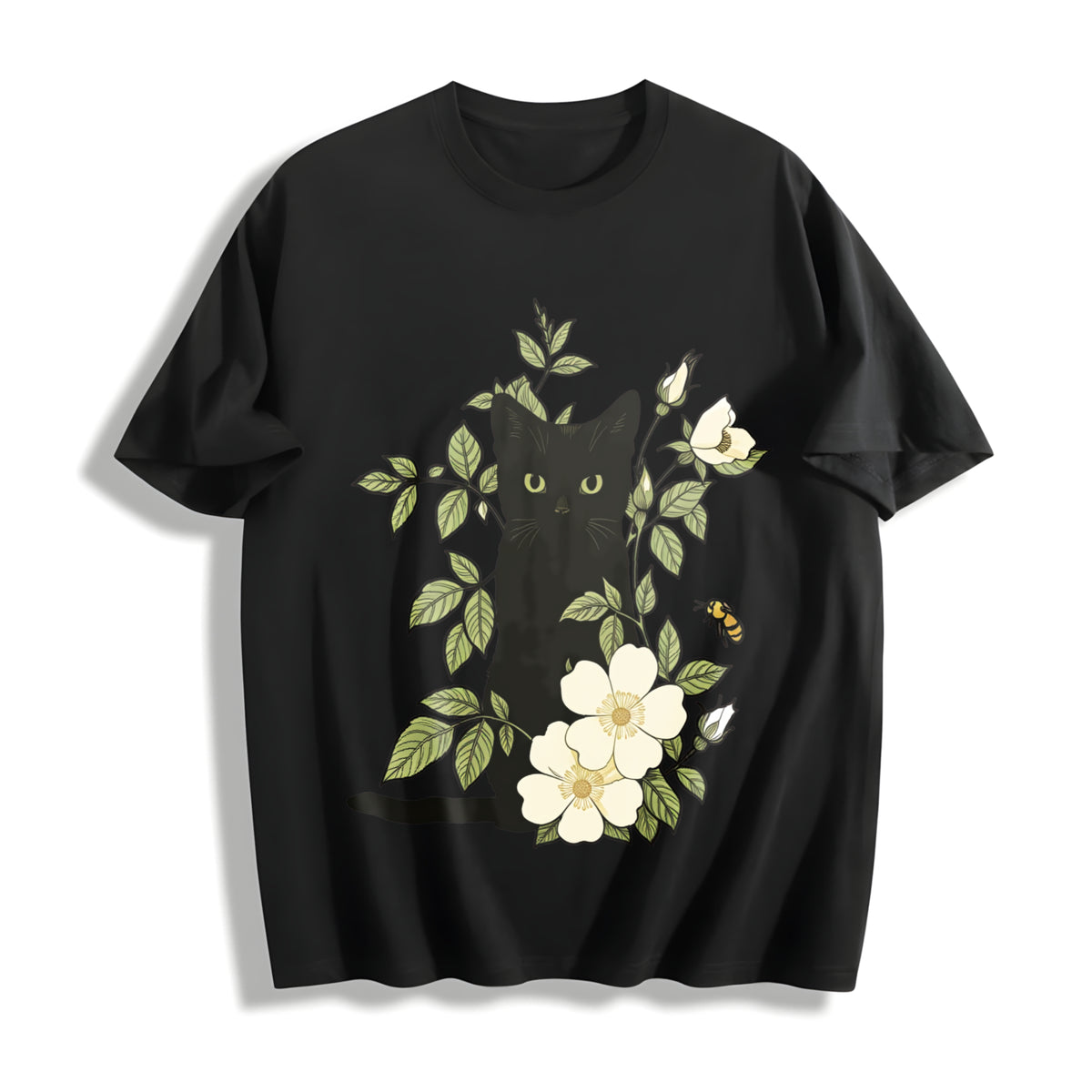 Animal Floral Cat Summer Cotton T-Shirt - Black