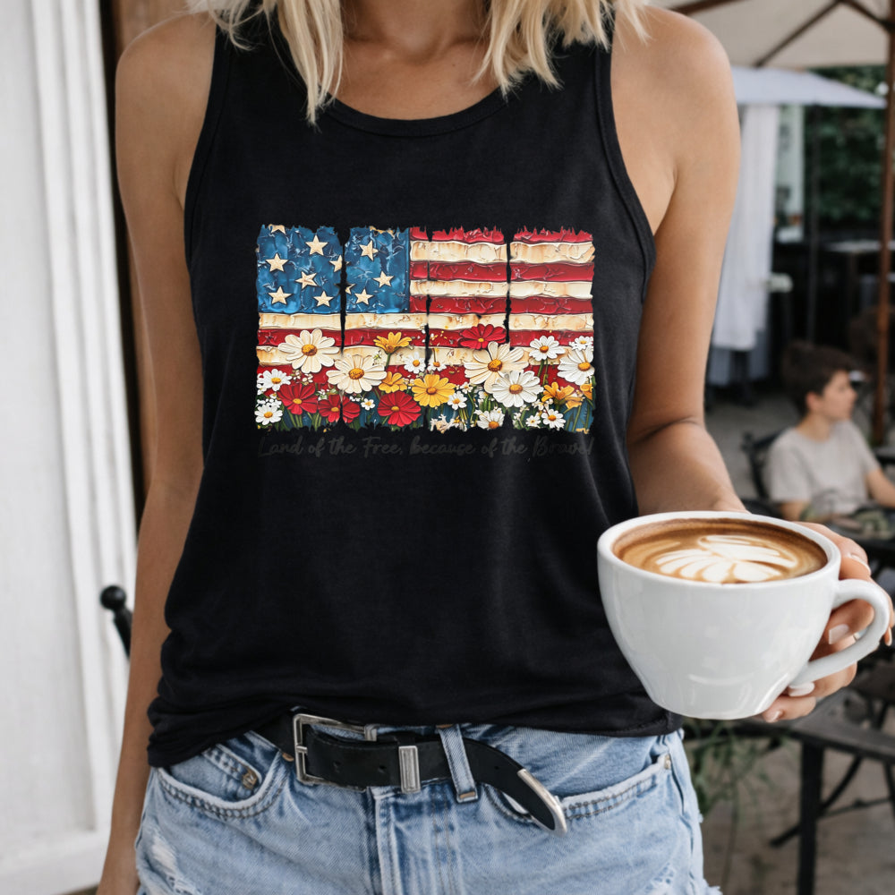 Patriotic Floral American Flag Women's Tank Top - Black