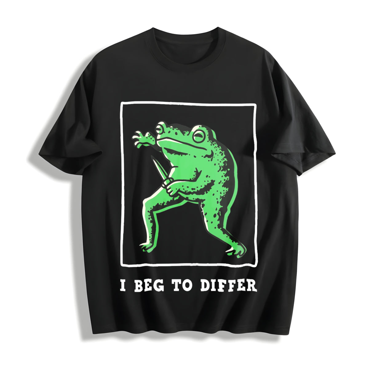 I Disagree Batik With Green Frog Cotton T-Shirt - Black