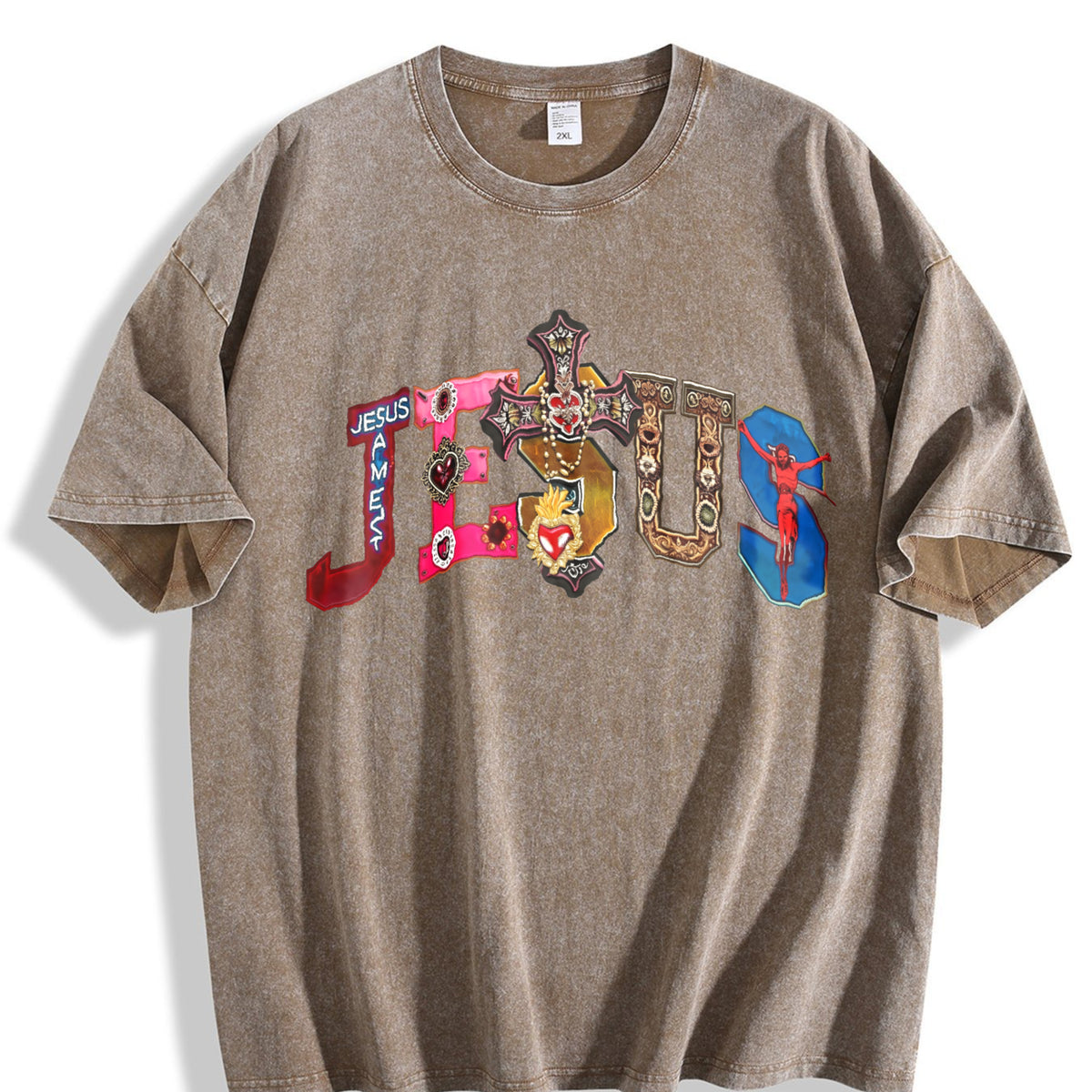 Jesus Colorful Cross & Gem Cropped Vintage Washed T-Shirt - product view