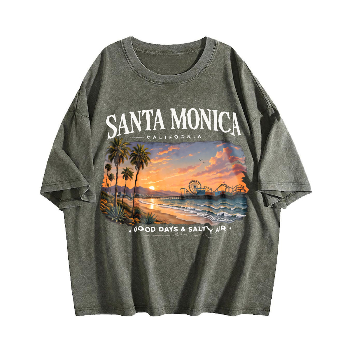 Santa Monica California - Beach Vacation Travel Pier Vintage Washed T-Shirt - product view