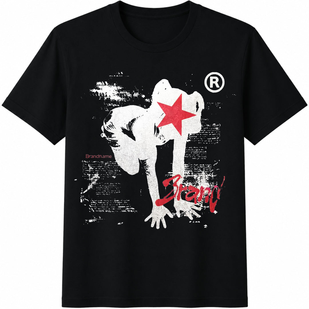 Front Features A Silver-aged Human Figure Red Star Over Face Cotton T-Shirt - Black