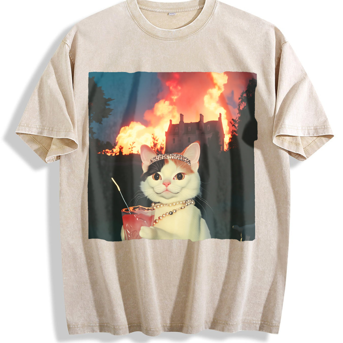 Patterned Vintage Washed T-Shirt - Beige