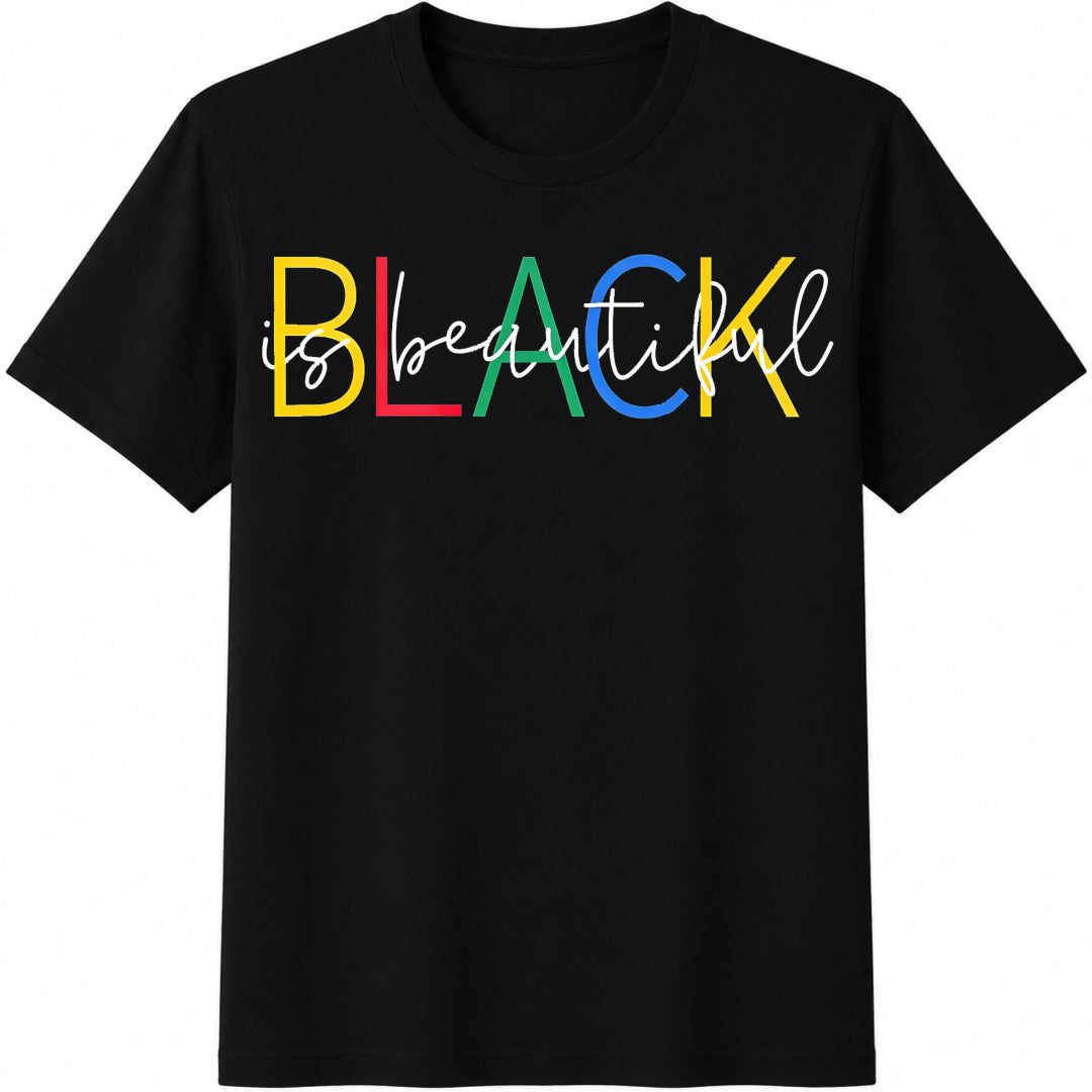 Colorful Black Beauty Letter Cotton T-Shirt - Black