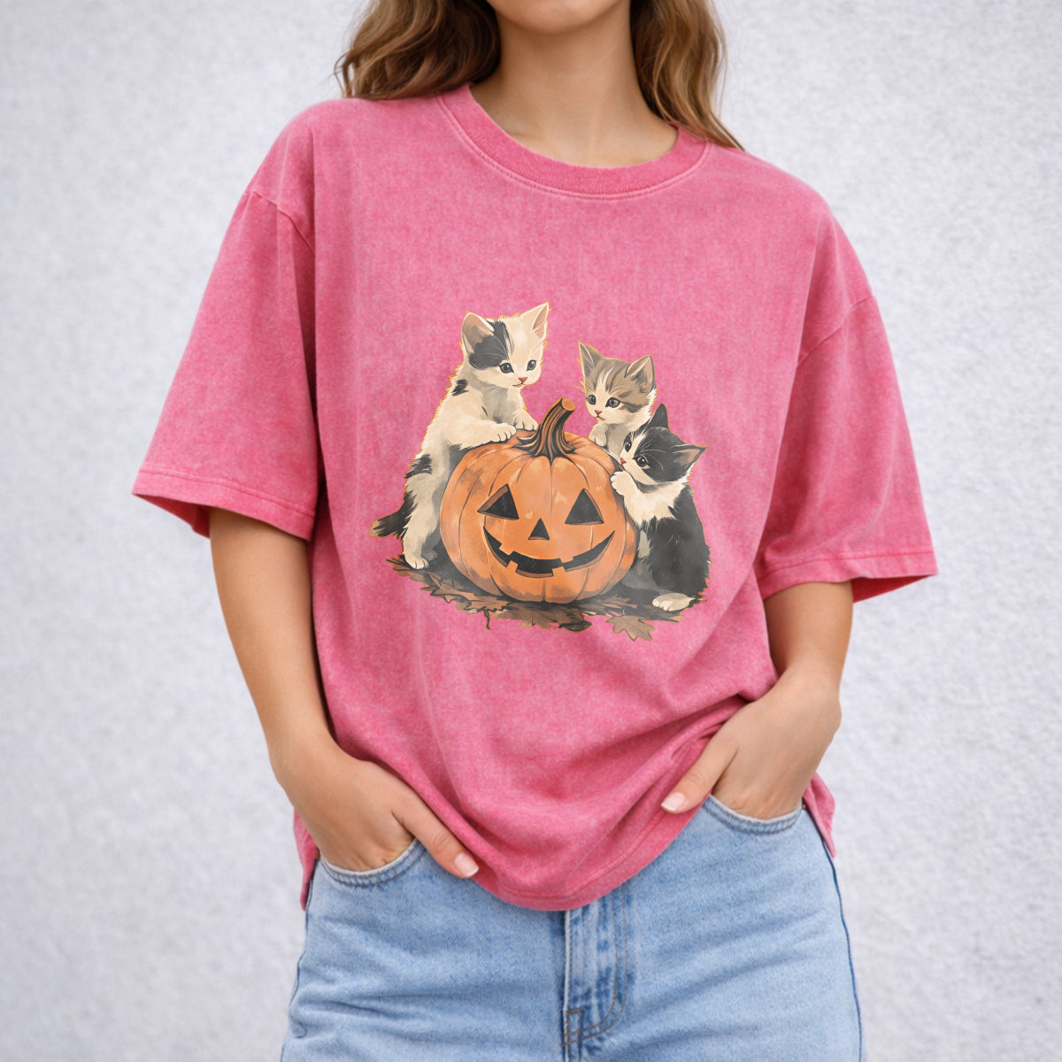 90s Cat Pumpkin Halloween Vintage Washed T-Shirt - product view