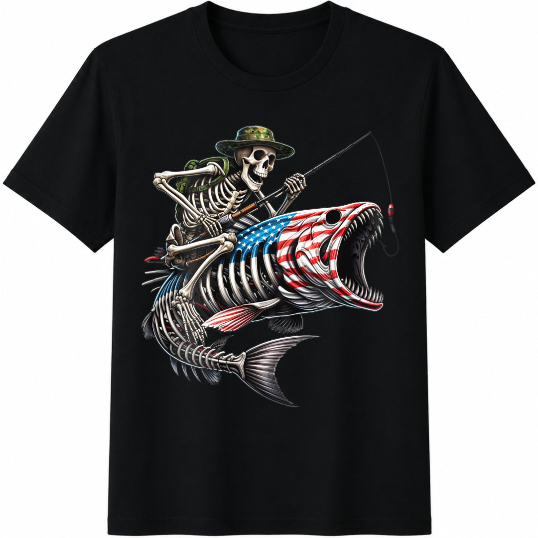Funny Fishing Skeleton Cotton T-Shirt - Black