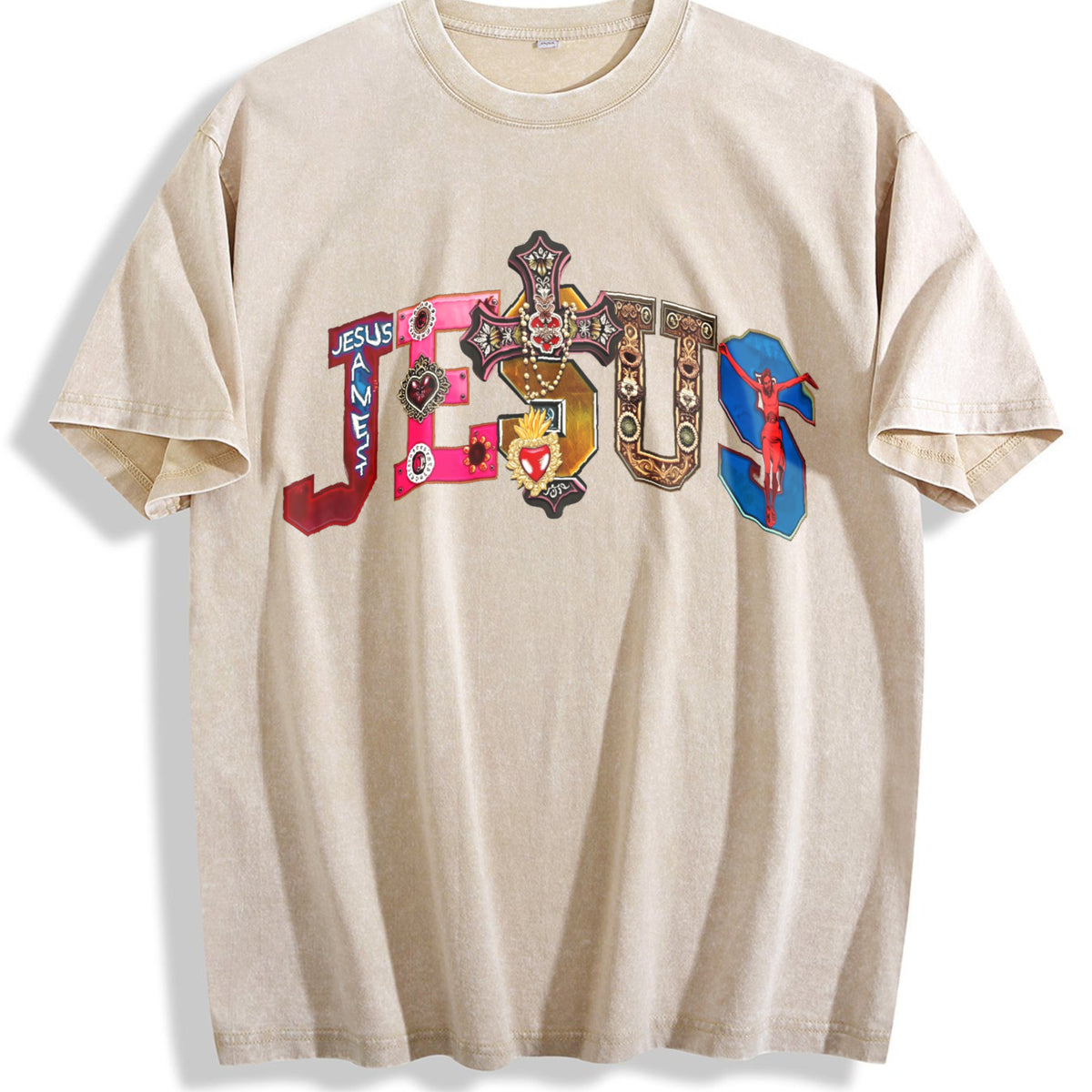 Jesus Colorful Cross & Gem Cropped Vintage Washed T-Shirt - Beige