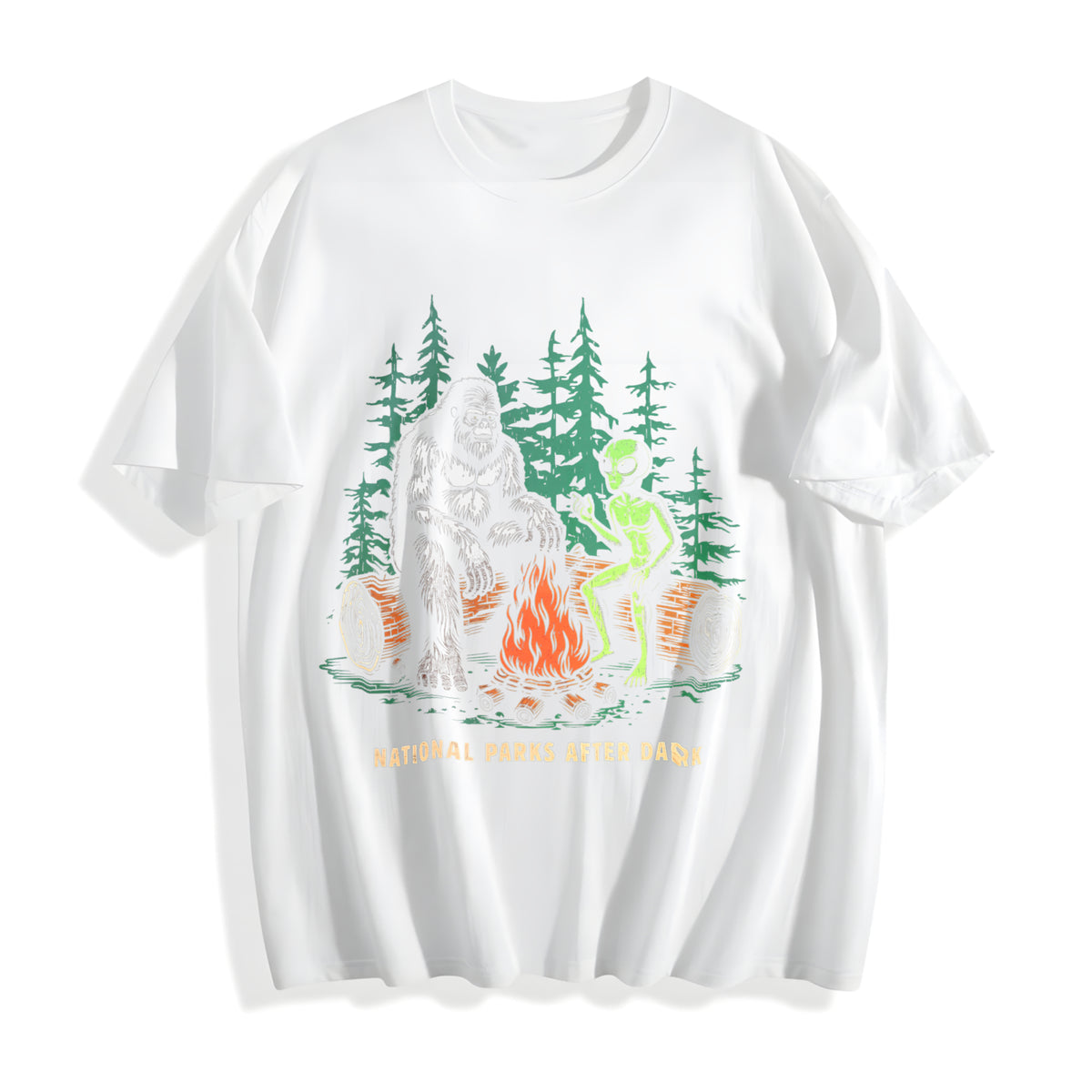 Funny National Parks After Dark Sarcastic Bigfoot Alien Cotton T-Shirt - product view