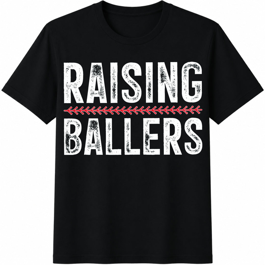 Baseball Mom Raising Ballers Funny Mama Baseball Season Cotton T-Shirt - Black