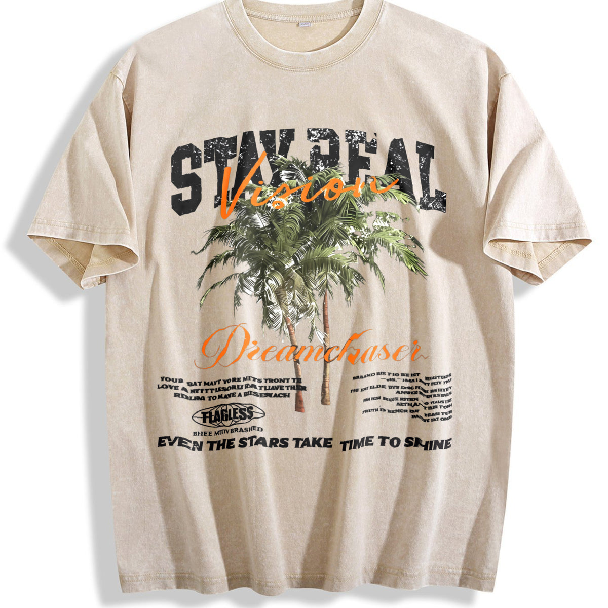 Stay Real Palm Tree Vintage Washed T-Shirt - Beige