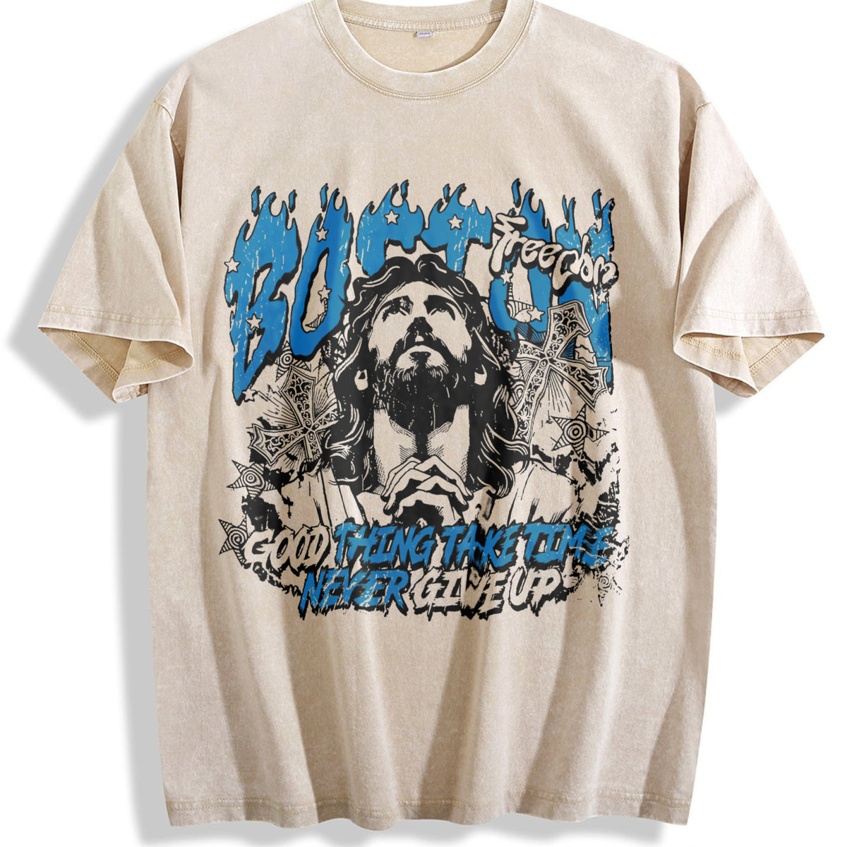 Boston Jesus Cross White Grunge Vintage Washed T-Shirt - Beige