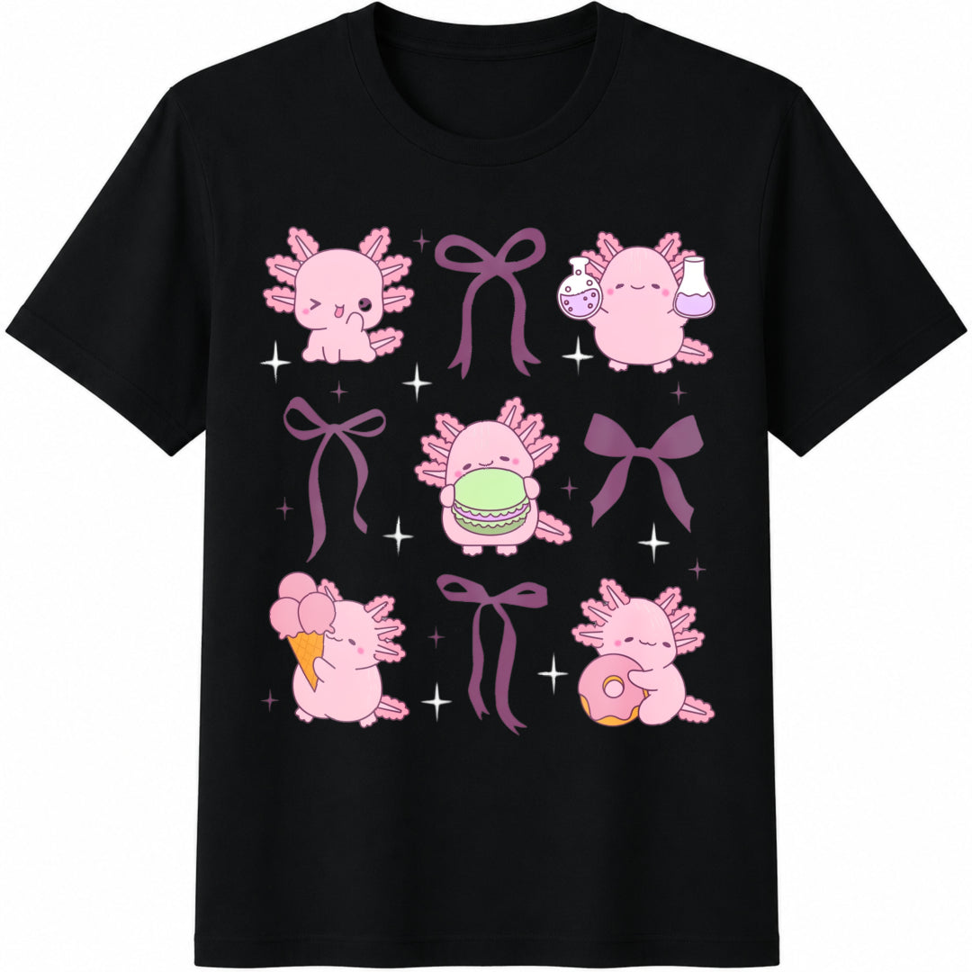 Cute Axolotl Bow Funny Axolotl Mom Mini Axolotl Lover Cute Cotton T-Shirt - Black