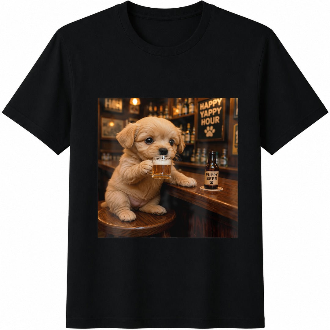 Funny Puppy Beer Cotton T-Shirt - Black