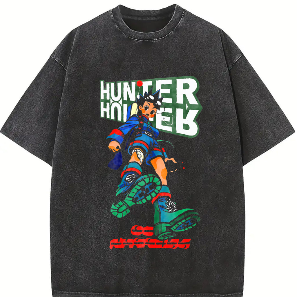 Gon HXH Wild Hunter Boy – Vintage Washed  Tee with Green Aura Fighter Graphic, Hunter Anime Inspired Streetwear & Retro Shonen Aesthetic