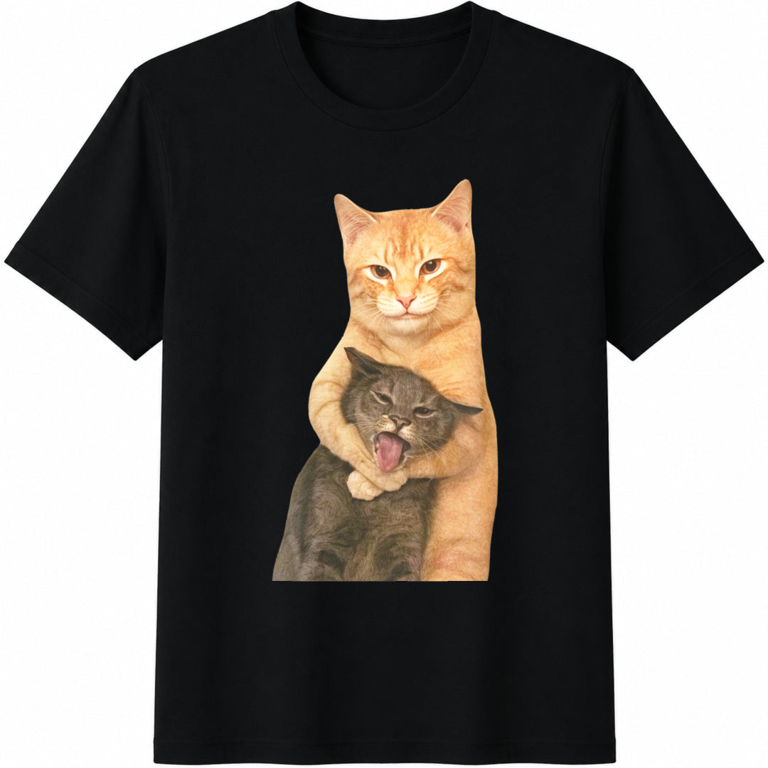 Funny Hugging Cats Cotton T-Shirt - Black