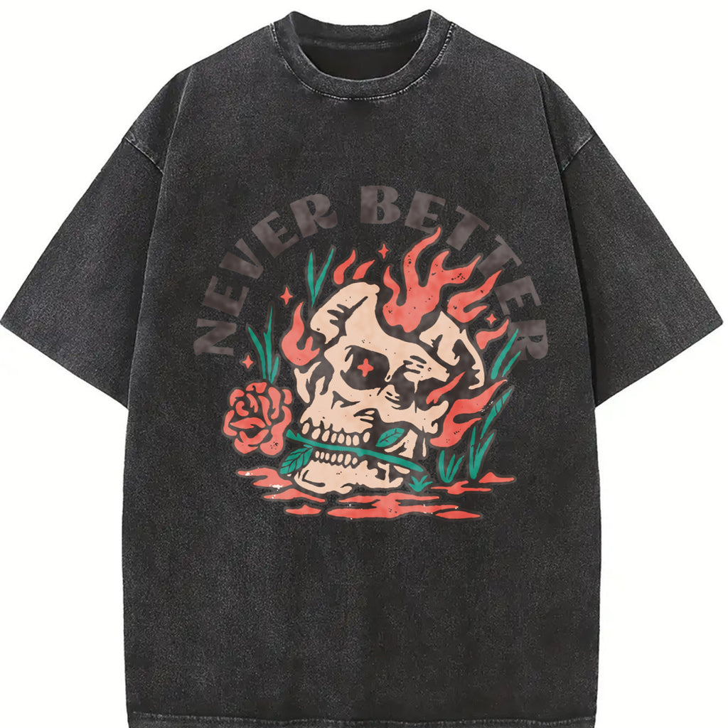 Men'S Never Better Turquoise Green Heavyweight 230gsm Vintage Washed T-Shirt - Distressed Streetwear Style with Double-Sided Flame Skull & Rose Gothic Print, Drop Shoulder Loose Fit, All-Season Casual Wear, Edgy Gothic Graphic Tee for Men