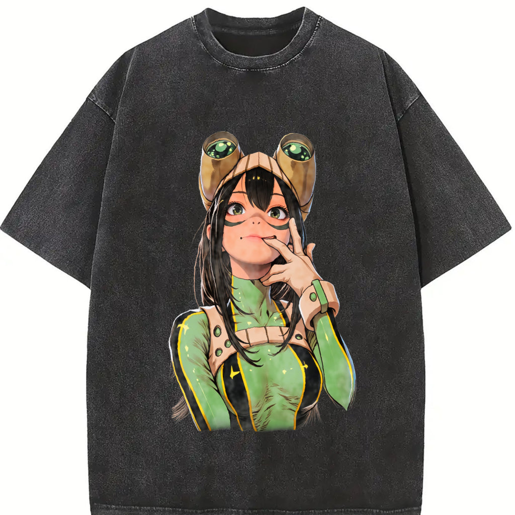 Tsuyu Asui My Hero Academia Anime Double Printed Vintage Washed Tee Unisex Oversize Anime Manga Washed Heavyweight Cotton T-shirt