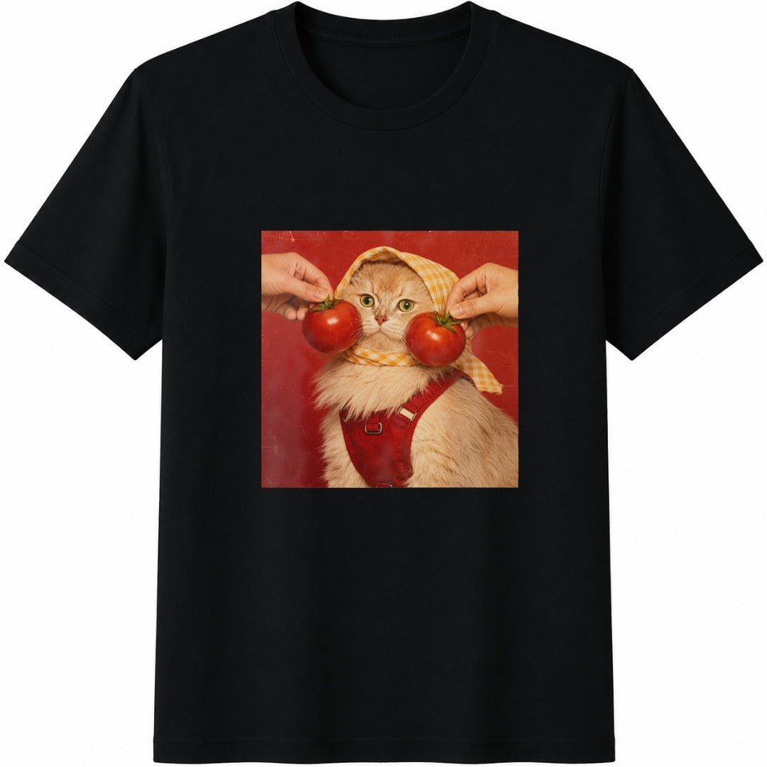 Funny Cat Tomato Cotton T-Shirt - Black