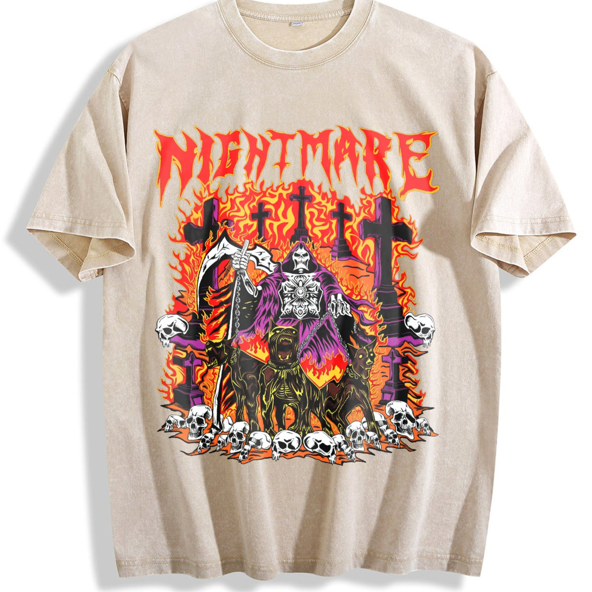 Nightmare Grim Reaper Hellhound Vintage Washed T-Shirt - Beige