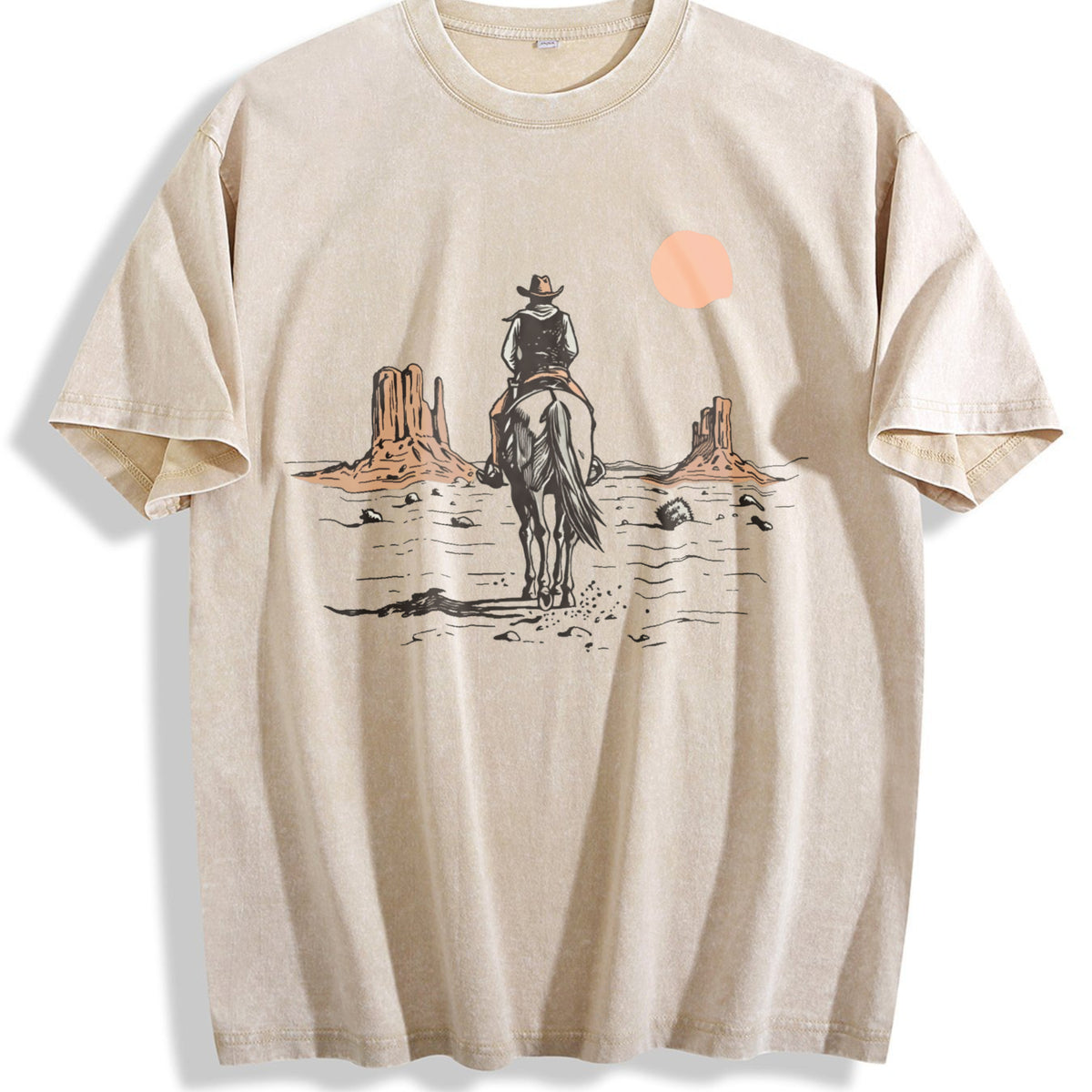 Cowboy On Horse Desert Vintage Washed T-Shirt - Beige