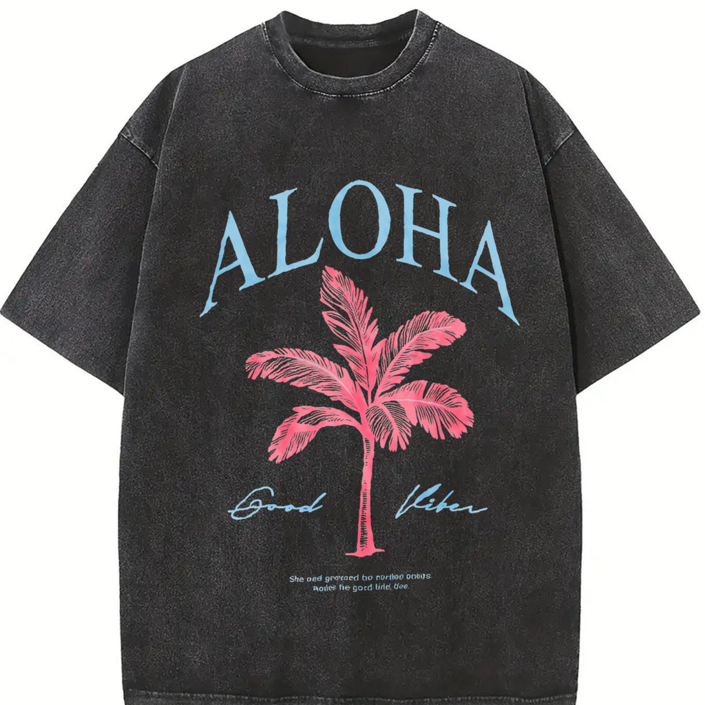 Women's ALOHA Tropical Palm Tree Print Casual Round Neck T-Shirt, Stylish Summer Wear for Daily Vacation, Loose-Fitting Thin Fabric Top