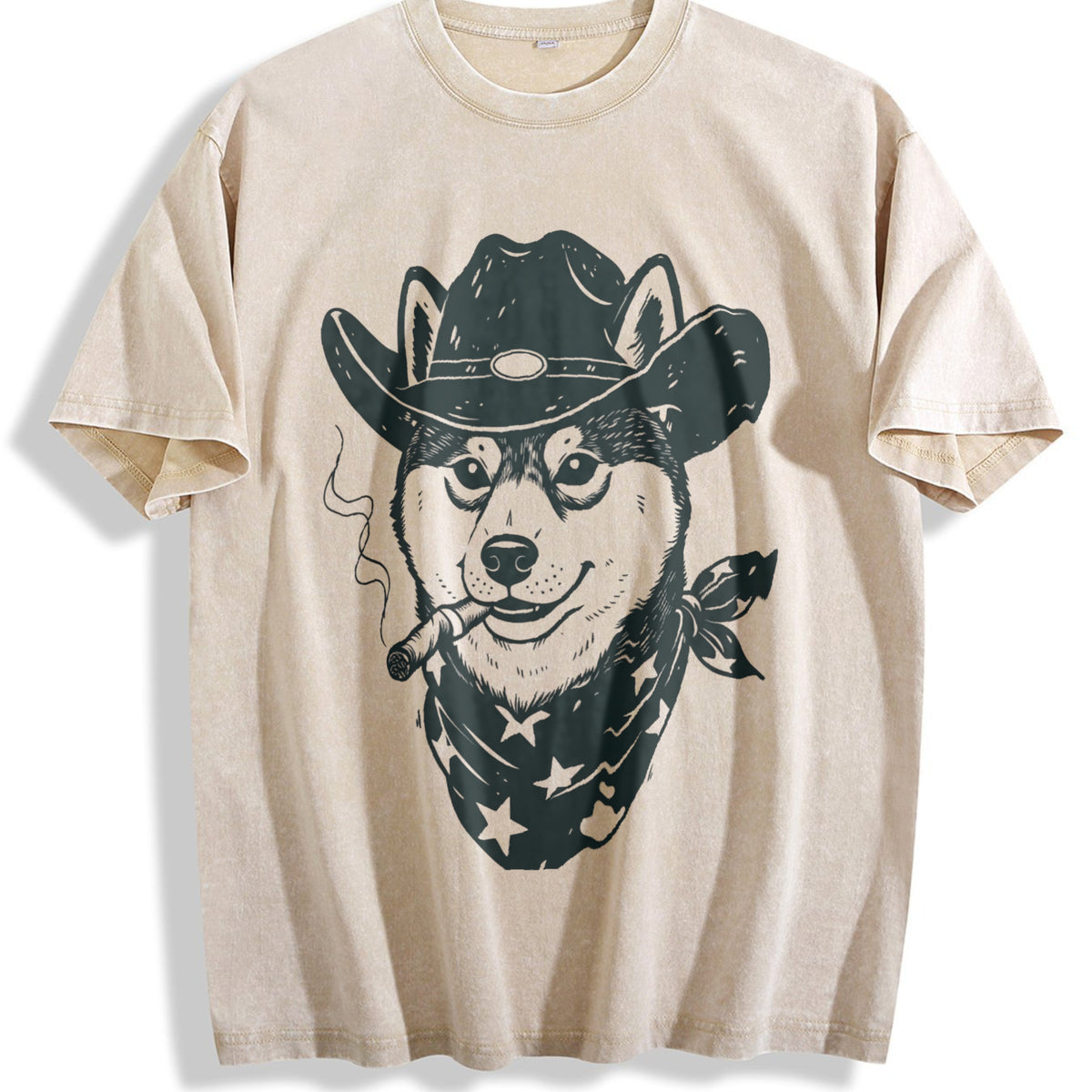 Smoking Cowboy Shiba Inu Vintage Washed T-Shirt - Beige