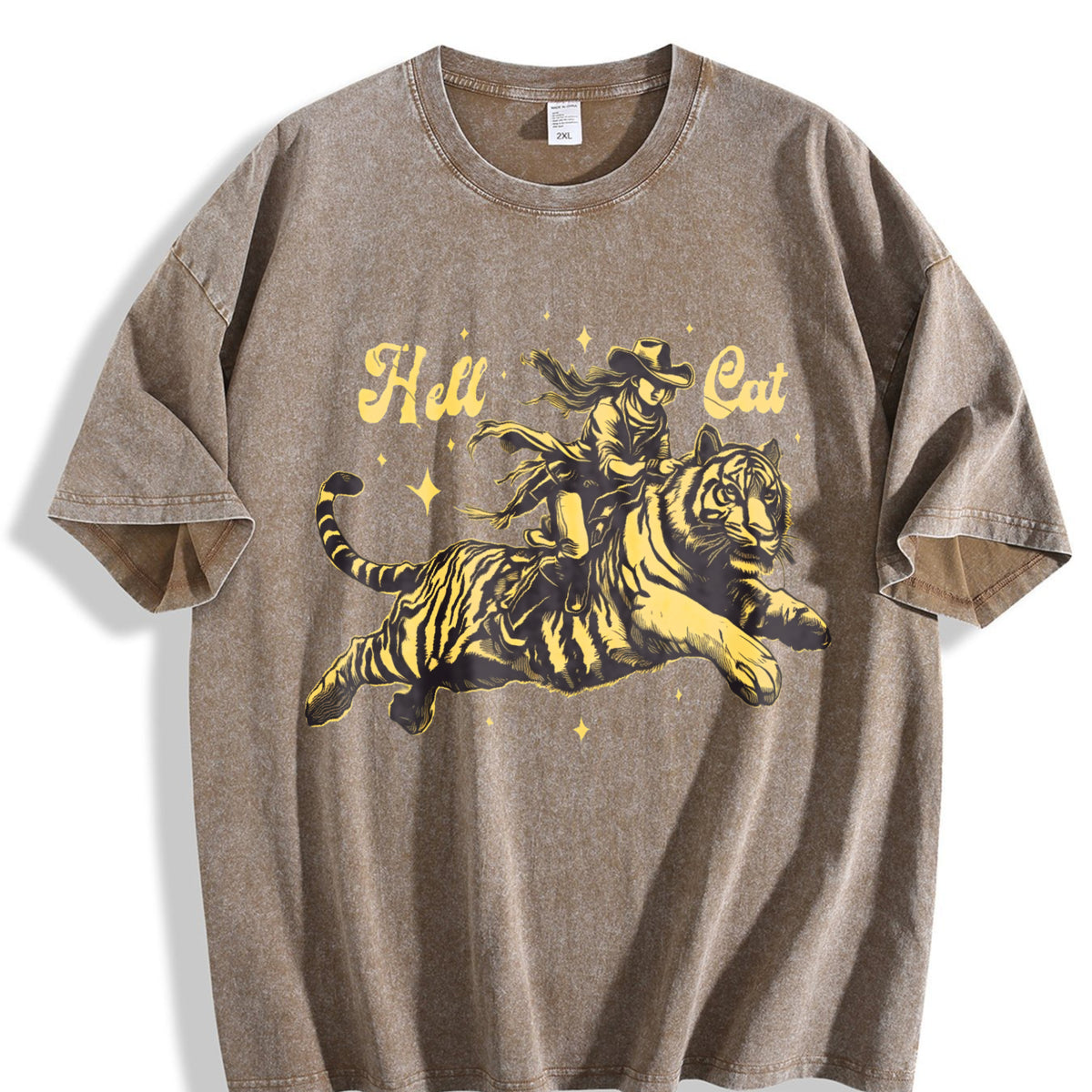 Hell Cat Cowgirl Riding Tiger Vintage Washed T-Shirt - product view