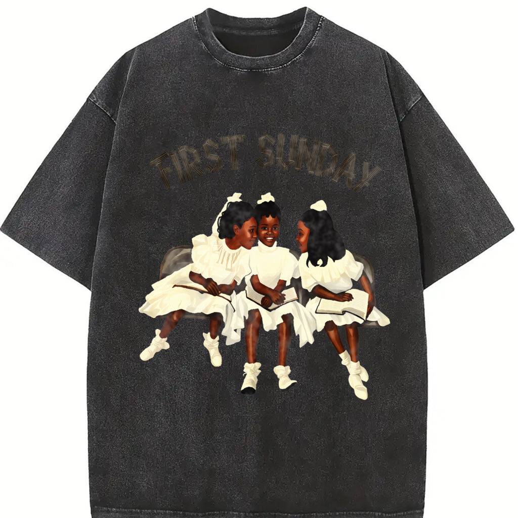 valentine shirts Vintage Children First Sunday Print Graphic Cotton Washed Tee, Children First Sunday T-Shirt, Oversized, Christian Apparel Streetwear