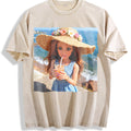 Doll with a Summer Drink Vintage Washed T-Shirt - Beige