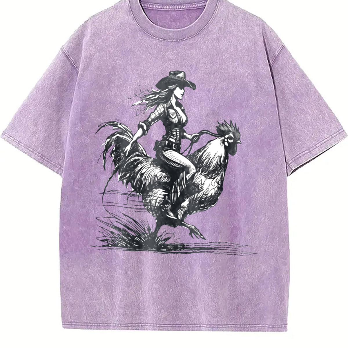 Cowgirl Riding Chicken 90s Vintage Washed T-Shirt - product view